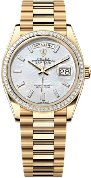   x Day-Date 36 36mm White MOP Diamond-Set Dial Diamond-Set Bezel President Bracelet - 128398TBR | 2024 Model Day-Date Watches Affordable Day-Date Watch