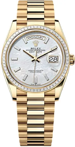   x Day-Date 36 36mm White MOP Diamond-Set Dial Diamond-Set Bezel President Bracelet - 128398TBR | 2024 Model Day-Date Watches Affordable Day-Date Watch