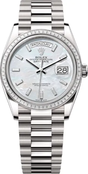   x Day-Date 36 36mm White MOP Diamond-Set Dial Diamond-Set Bezel President Bracelet - 128399TBR | 2024 Model Day-Date Watches Affordable Day-Date Watch