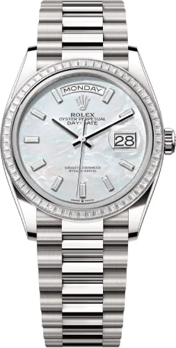   x Day-Date 36 36mm White MOP Diamond-Set Dial Diamond-Set Bezel President Bracelet - 128399TBR | 2024 Model Day-Date Watches Affordable Day-Date Watch