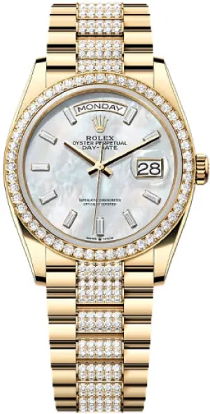   x Day-Date 36 36mm White MOP Diamond-Set Dial Diamond-Set Bezel with Diamond-Set President Bracelet - 128348RBR | 2024 Model Day-Date Watches Affordable Day-Date Watch