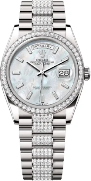   x Day-Date 36 36mm White MOP Diamond-Set Dial Diamond-Set Bezel with Diamond-Set President Bracelet - 128349RBR | 2024 Model Day-Date Watches Affordable Day-Date Watch