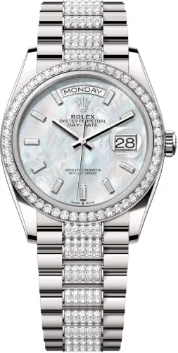   x Day-Date 36 36mm White MOP Diamond-Set Dial Diamond-Set Bezel with Diamond-Set President Bracelet - 128349RBR | 2024 Model Day-Date Watches Affordable Day-Date Watch