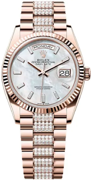   x Day-Date 36 36mm White MOP Diamond-Set Dial Fluted Bezel President Bracelet - 128235 | 2024 Model Day-Date Watches Affordable Day-Date Watch
