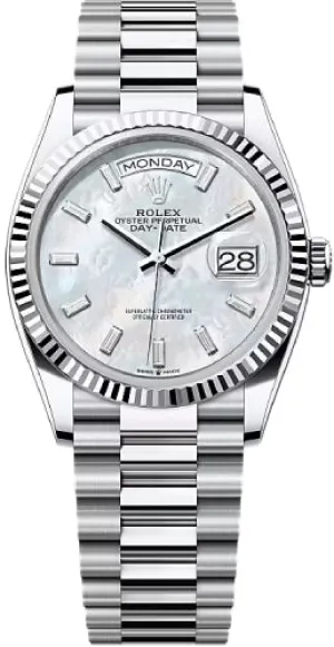   x Day-Date 36 36mm White MOP Diamond-Set Dial Fluted Bezel President Bracelet - 128236 | 2024 Model Day-Date Watches Affordable Day-Date Watch