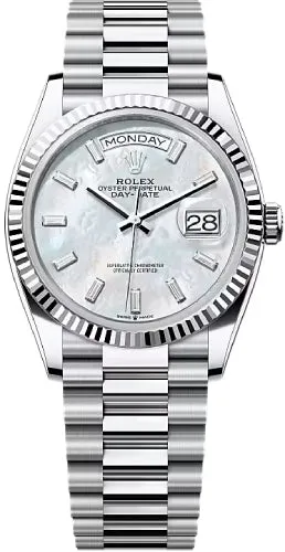  x Day-Date 36 36mm White MOP Diamond-Set Dial Fluted Bezel President Bracelet - 128236 | 2024 Model Day-Date Watches Affordable Day-Date Watch