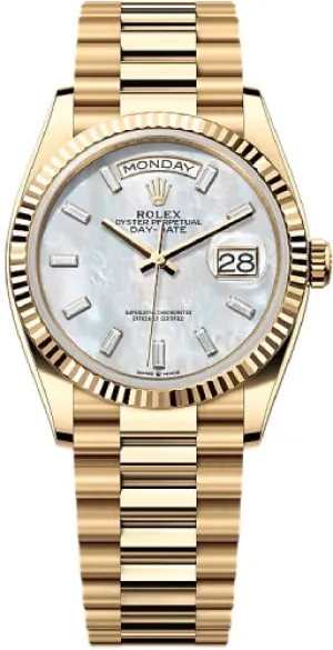   x Day-Date 36 36mm White MOP Diamond-Set Dial Fluted Bezel President Bracelet - 128238 | 2024 Model Day-Date Watches Affordable Day-Date Watch