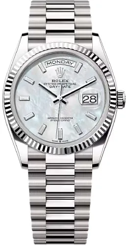   x Day-Date 36 36mm White MOP Diamond-Set Dial Fluted Bezel President Bracelet - 128239 | 2024 Model Day-Date Watches Affordable Day-Date Watch