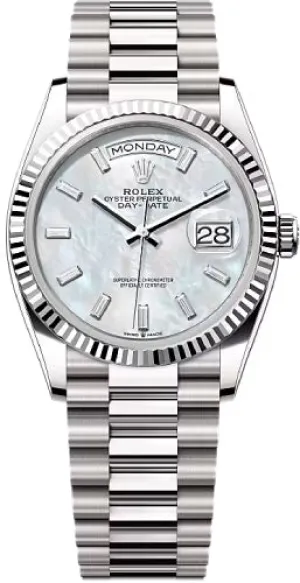   x Day-Date 36 36mm White MOP Diamond-Set Dial Fluted Bezel President Bracelet - 128239 | 2024 Model Day-Date Watches Affordable Day-Date Watch
