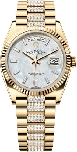   x Day-Date 36 36mm White MOP Diamond-Set Dial Fluted Bezel with Diamond-Set President Bracelet - 128238 | 2024 Model Day-Date Watches Affordable Day-Date Watch