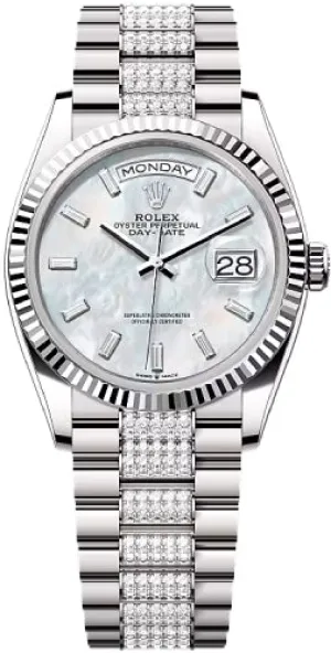   x Day-Date 36 36mm White MOP Diamond-Set Dial Fluted Bezel with Diamond-Set President Bracelet - 128239 | 2024 Model Day-Date Watches Affordable Day-Date Watch