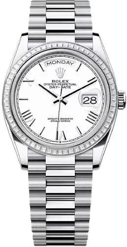   x Day-Date 36 36mm White Roman Dial Diamond-Set Bezel President Bracelet - 128396TBR | 2024 Model Day-Date Watches Affordable Day-Date Watch