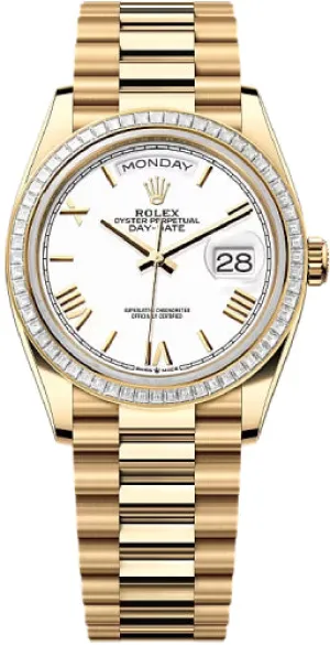   x Day-Date 36 36mm White Roman Dial Diamond-Set Bezel President Bracelet - 128398TBR | 2024 Model Day-Date Watches Affordable Day-Date Watch