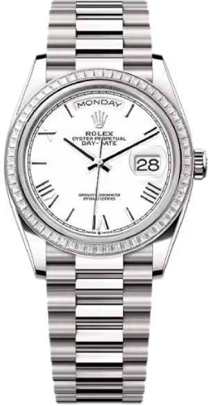   x Day-Date 36 36mm White Roman Dial Diamond-Set Bezel President Bracelet - 128399TBR | 2024 Model Day-Date Watches Affordable Day-Date Watch