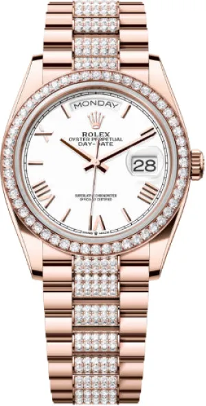   x Day-Date 36 36mm White Roman Dial Diamond-Set Bezel with Diamond-Set President Bracelet - 128345RBR | 2024 Model Day-Date Watches Affordable Day-Date Watch