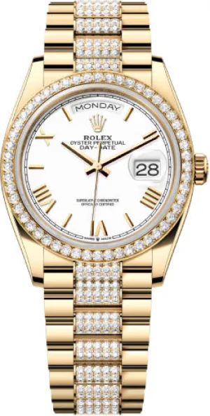   x Day-Date 36 36mm White Roman Dial Diamond-Set Bezel with Diamond-Set President Bracelet - 128348RBR | 2024 Model Day-Date Watches Affordable Day-Date Watch