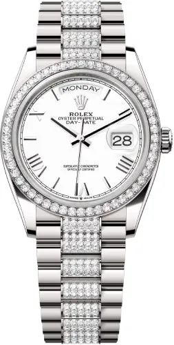   x Day-Date 36 36mm White Roman Dial Diamond-Set Bezel with Diamond-Set President Bracelet - 128349RBR | 2024 Model Day-Date Watches Affordable Day-Date Watch