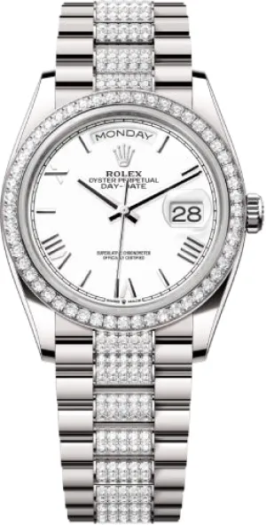   x Day-Date 36 36mm White Roman Dial Diamond-Set Bezel with Diamond-Set President Bracelet - 128349RBR | 2024 Model Day-Date Watches Affordable Day-Date Watch
