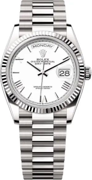   x Day-Date 36 36mm White Roman Dial Fluted Bezel President Bracelet - 128239 | 2024 Model Day-Date Watches Affordable Day-Date Watch