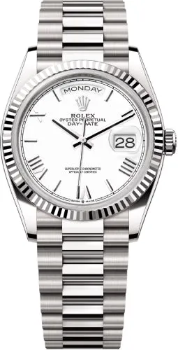   x Day-Date 36 36mm White Roman Dial Fluted Bezel President Bracelet - 128239 | 2024 Model Day-Date Watches Affordable Day-Date Watch