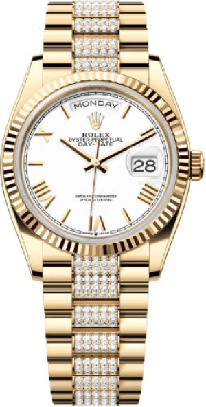   x Day-Date 36 36mm White Roman Dial Fluted Bezel with Diamond-Set President Bracelet - 128238 | 2024 Model Day-Date Watches Affordable Day-Date Watch