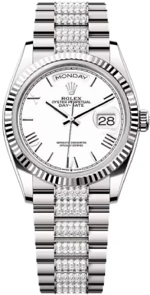   x Day-Date 36 36mm White Roman Dial Fluted Bezel with Diamond-Set President Bracelet - 128239 | 2024 Model Day-Date Watches Affordable Day-Date Watch