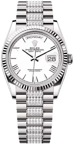   x Day-Date 36 36mm White Roman Dial Fluted Bezel with Diamond-Set President Bracelet - 128239 | 2024 Model Day-Date Watches Affordable Day-Date Watch
