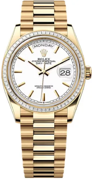   x Day-Date 36 36mm White Stick Dial Diamond-Set Bezel President Bracelet - 128398TBR | 2024 Model Day-Date Watches Affordable Day-Date Watch