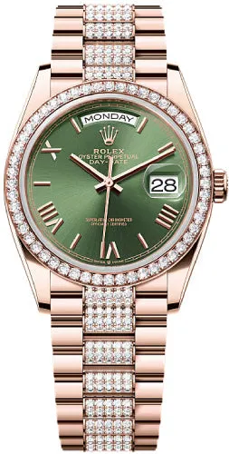   x Day-Date 36mm Olive Green Dial Diamond Set Bezel Diamond Set President Bracelet - 128345RBR - 2025 Day-Date Watches Affordable Day-Date Watch