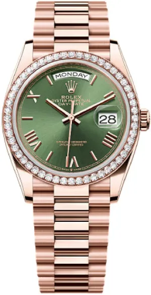   x Day-Date 36mm Olive Green Dial Diamond-Set Bezel President Bracelet - 128345RBR - 2025 Day-Date Watches Affordable Day-Date Watch