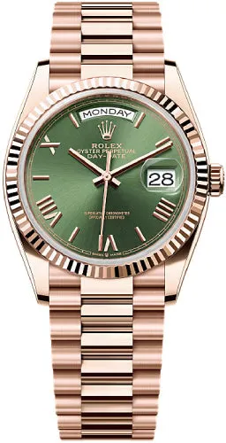  x Day-Date 36mm Olive Green Dial Fluted Bezel President Bracelet - 128235 - 2025 Day-Date Watches Affordable Day-Date Watch