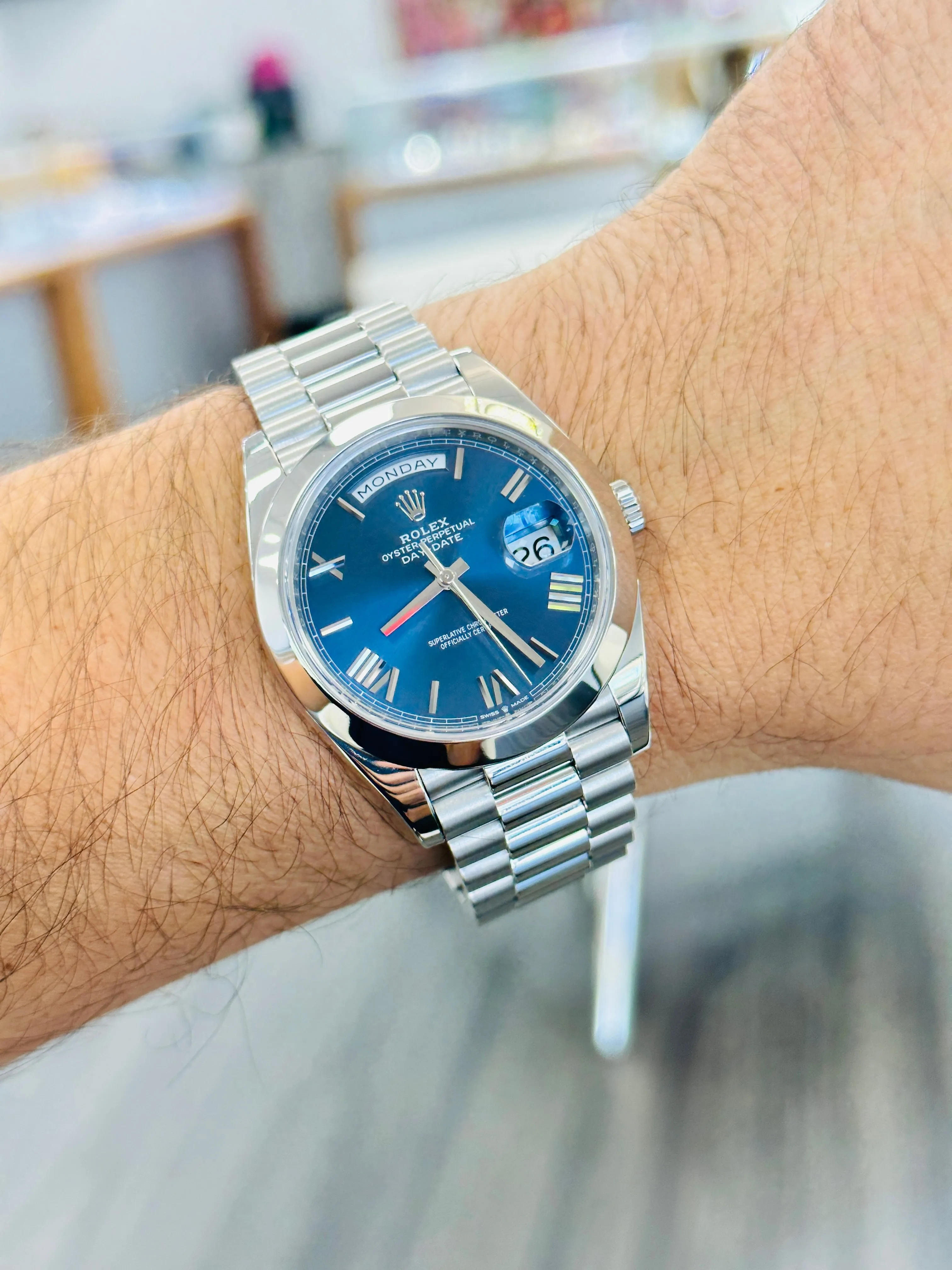   x Day-Date 40 228206 Platinum Blue Roman PreOwned