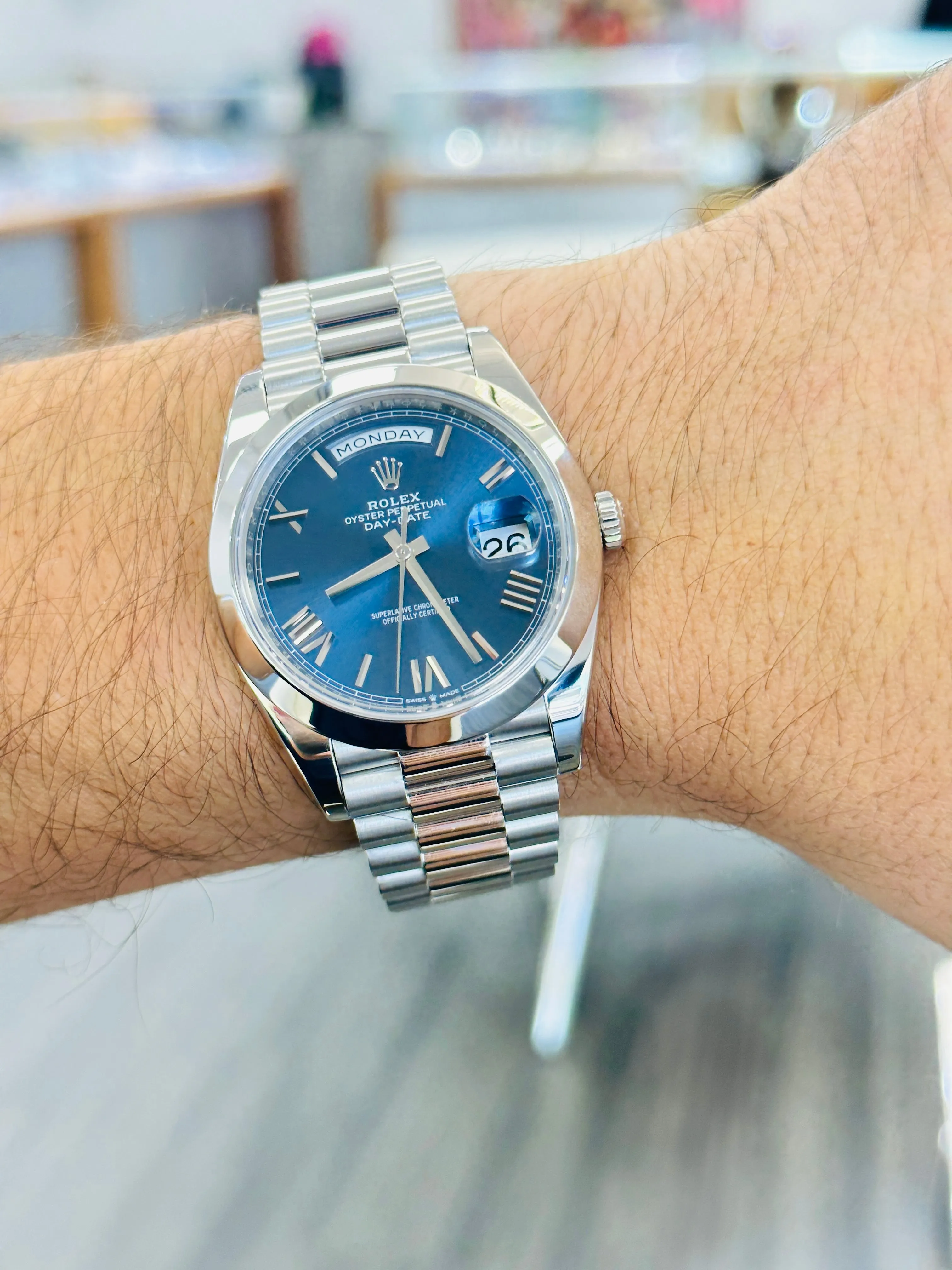   x Day-Date 40 228206 Platinum Blue Roman PreOwned