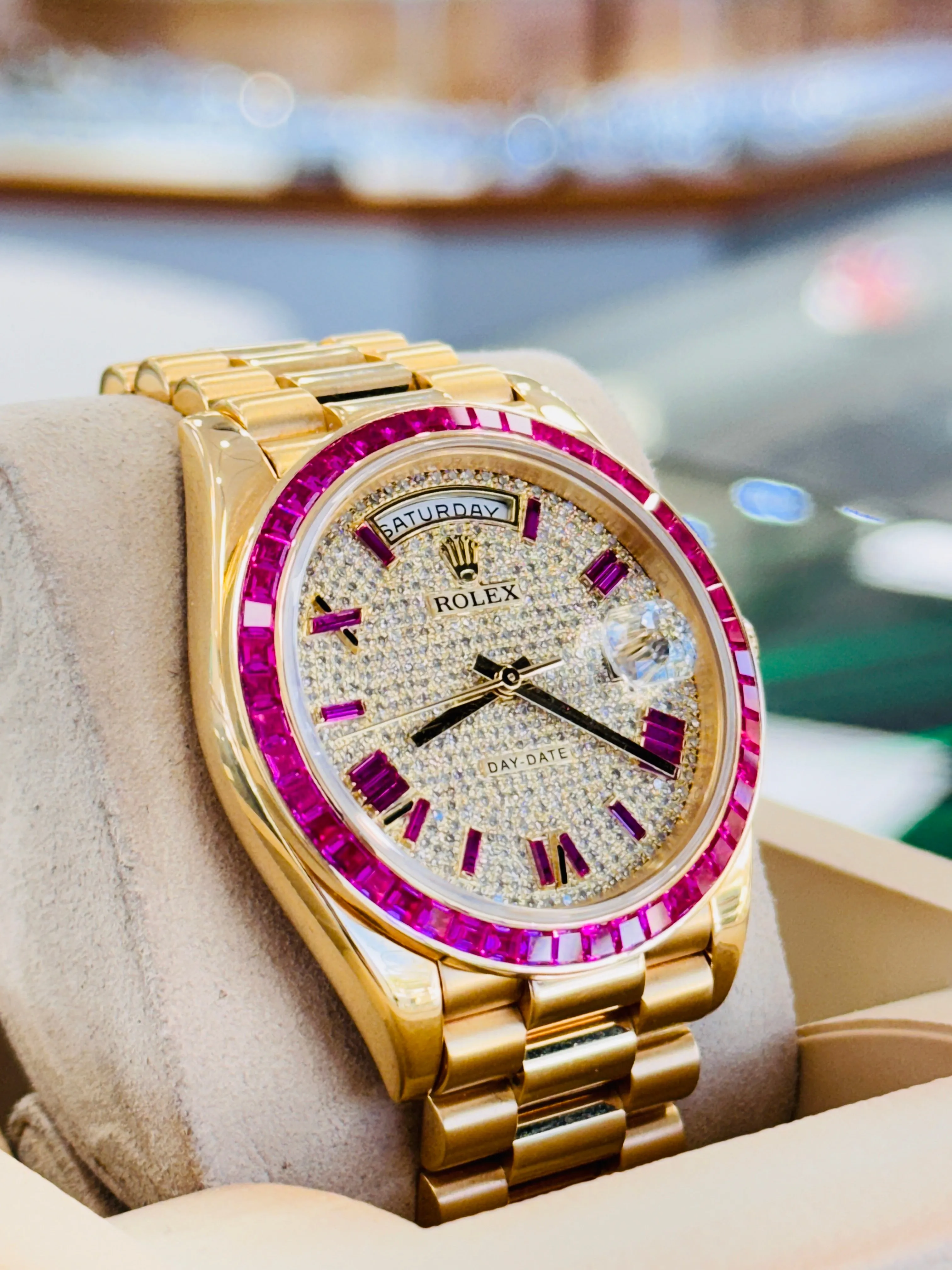   x Day-Date 40 228238  Custom Diamond Roman Pink Ruby  Custom Ruby Bezel Box and Papers MINT