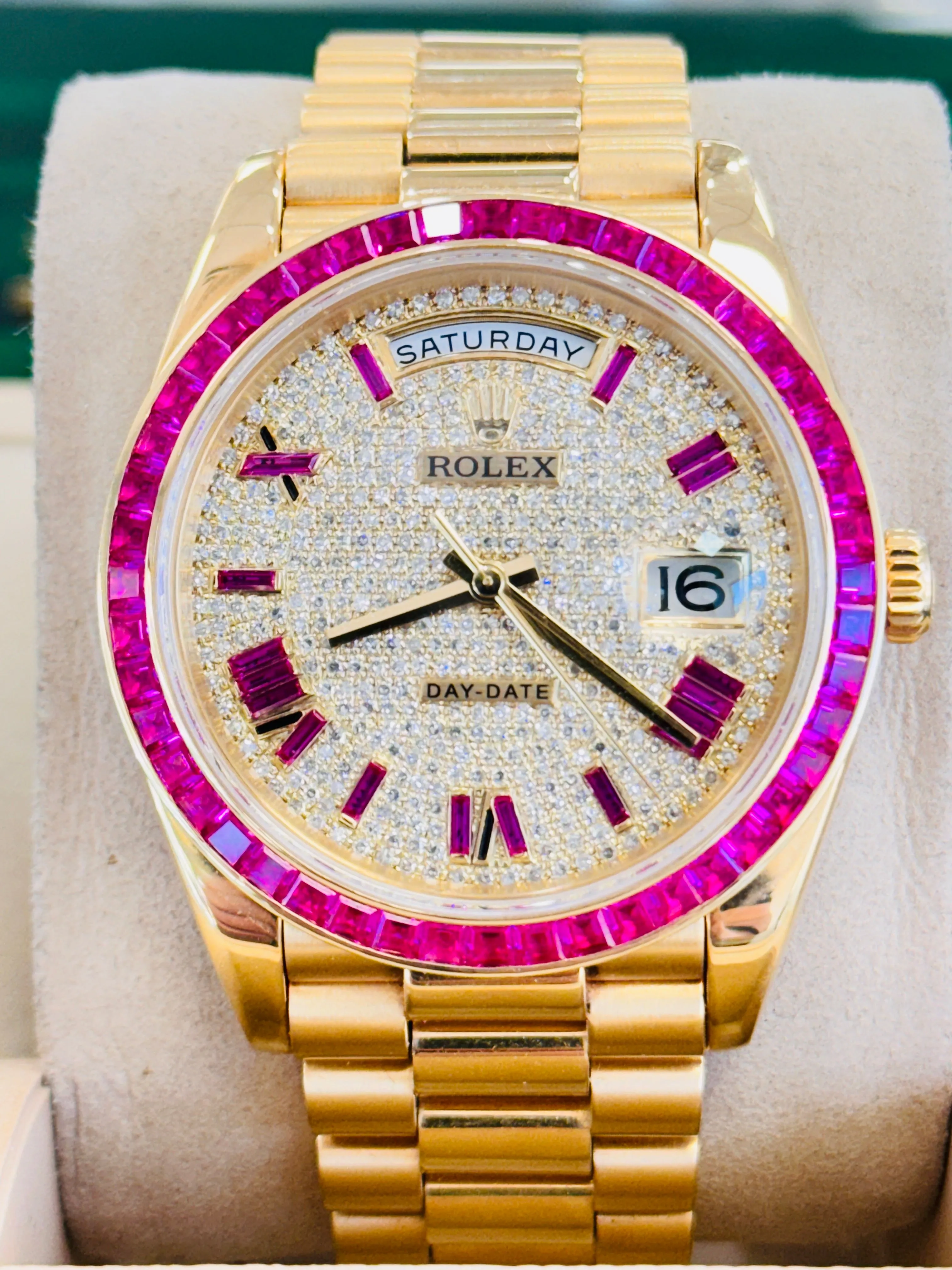   x Day-Date 40 228238  Custom Diamond Roman Pink Ruby  Custom Ruby Bezel Box and Papers MINT