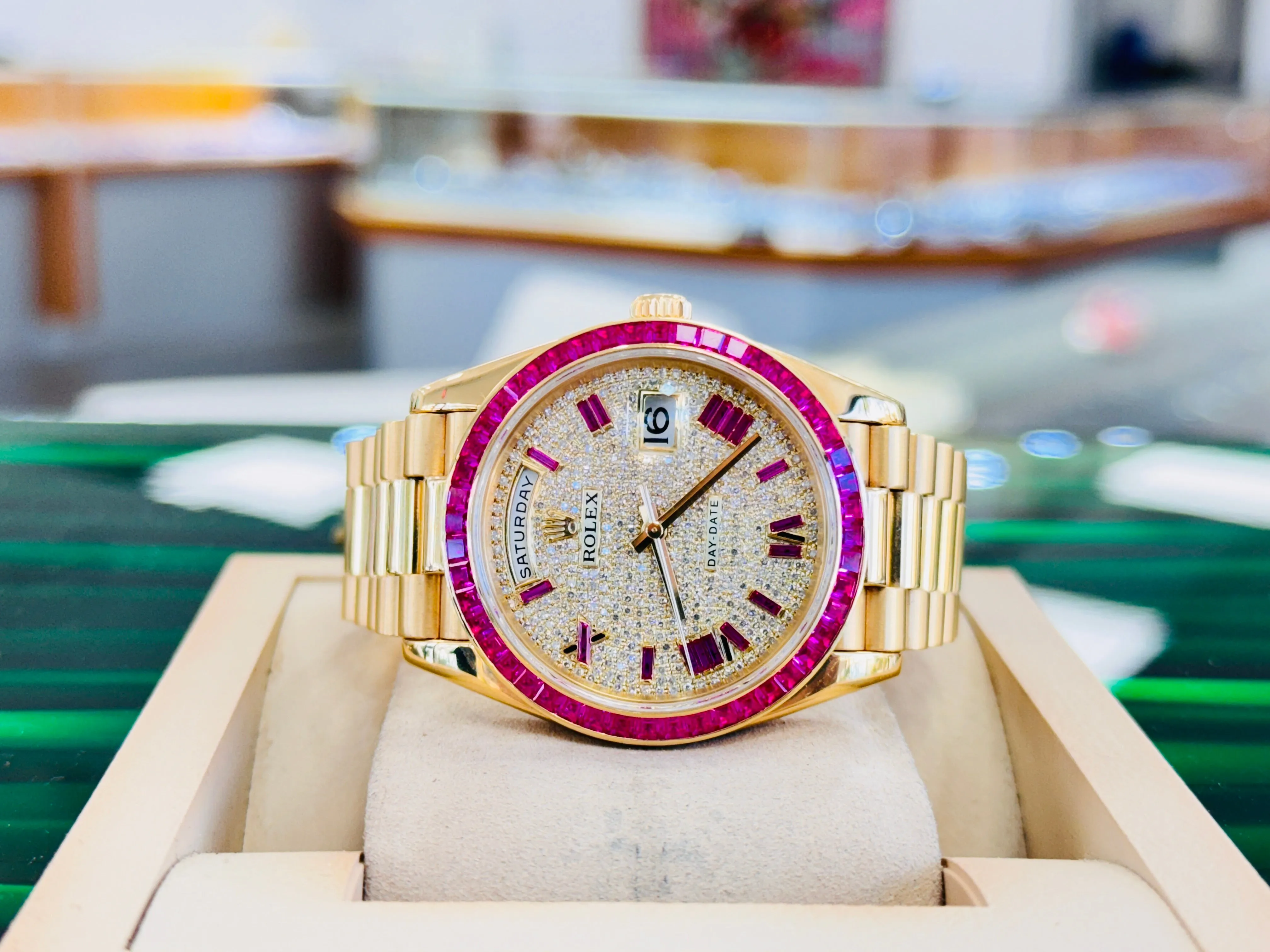   x Day-Date 40 228238  Custom Diamond Roman Pink Ruby  Custom Ruby Bezel Box and Papers MINT
