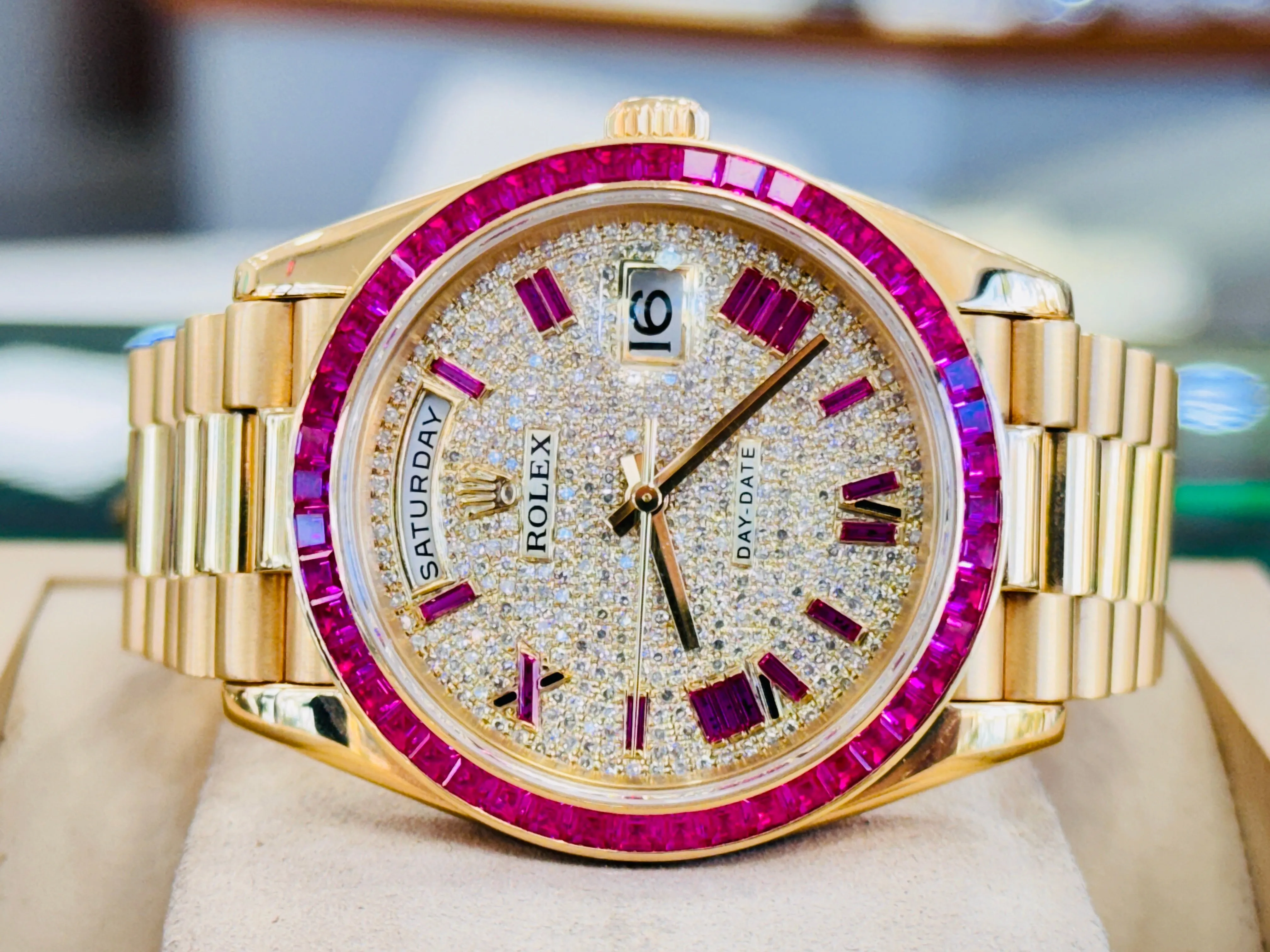  x Day-Date 40 228238  Custom Diamond Roman Pink Ruby  Custom Ruby Bezel Box and Papers MINT