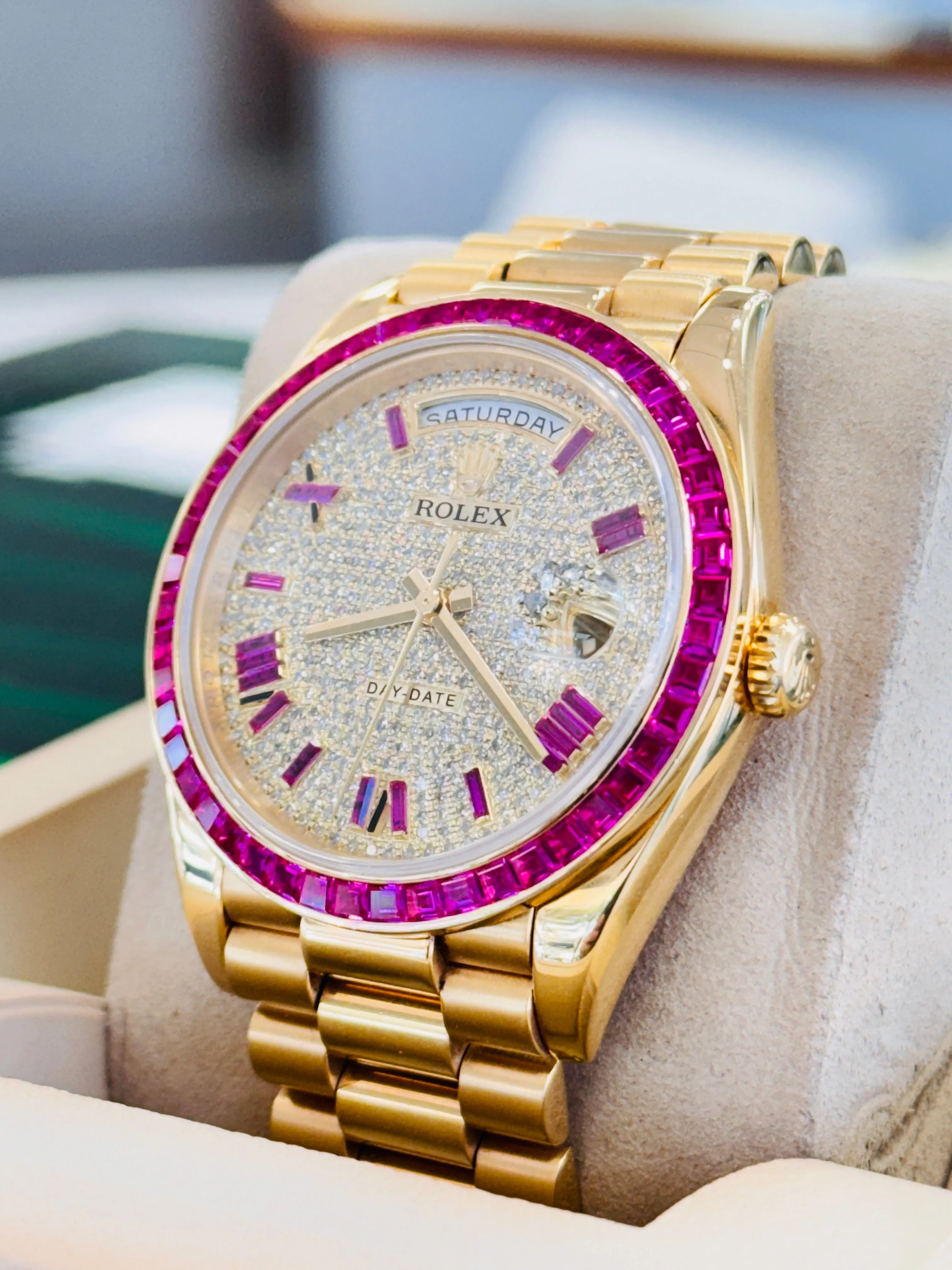   x Day-Date 40 228238  Custom Diamond Roman Pink Ruby  Custom Ruby Bezel Box and Papers MINT