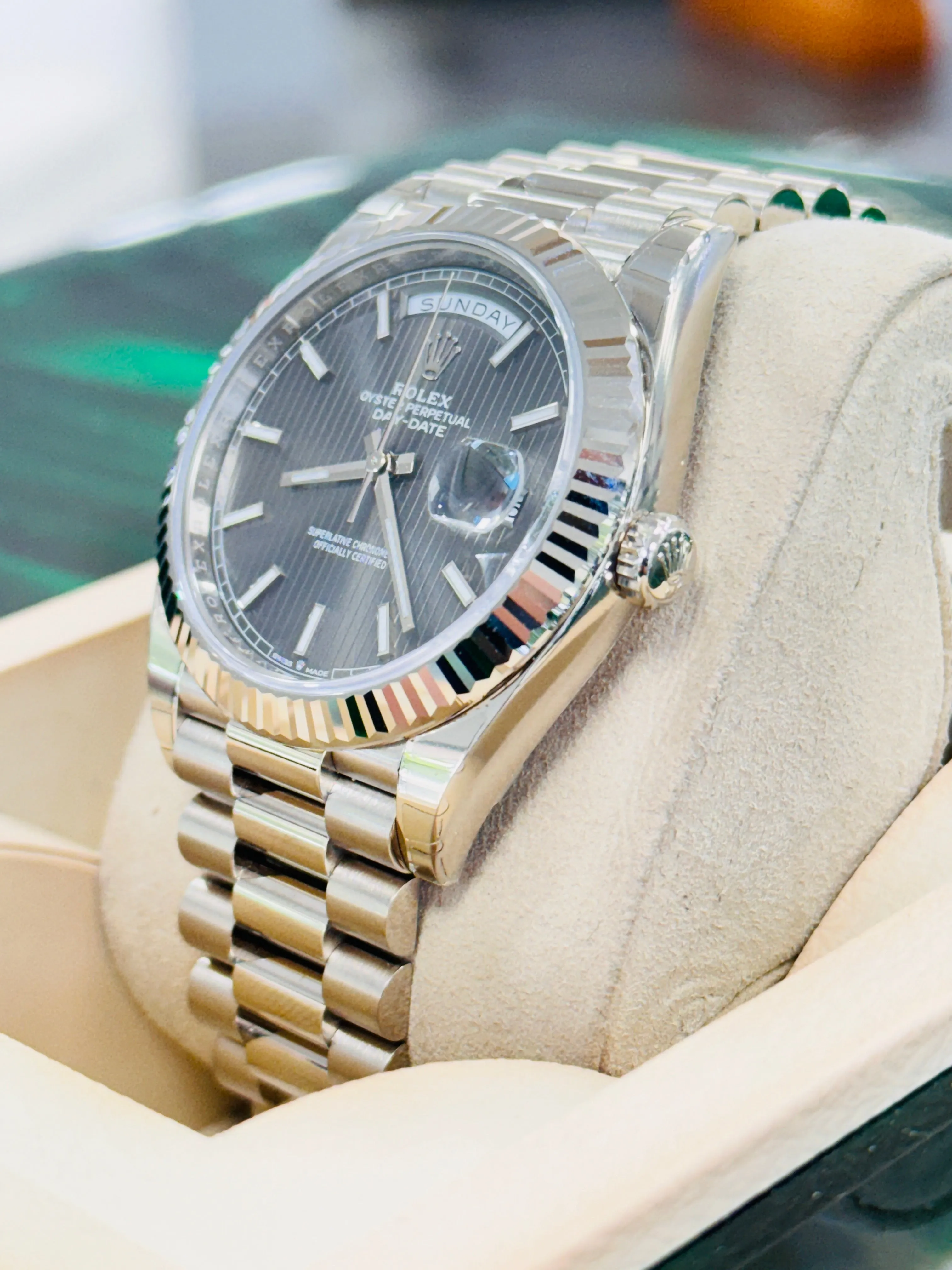   x Day-Date 40 228239 White Gold Dark Rhodium Stripe Motif Dial Box and Papers UNWORN FULLY STICKRED!