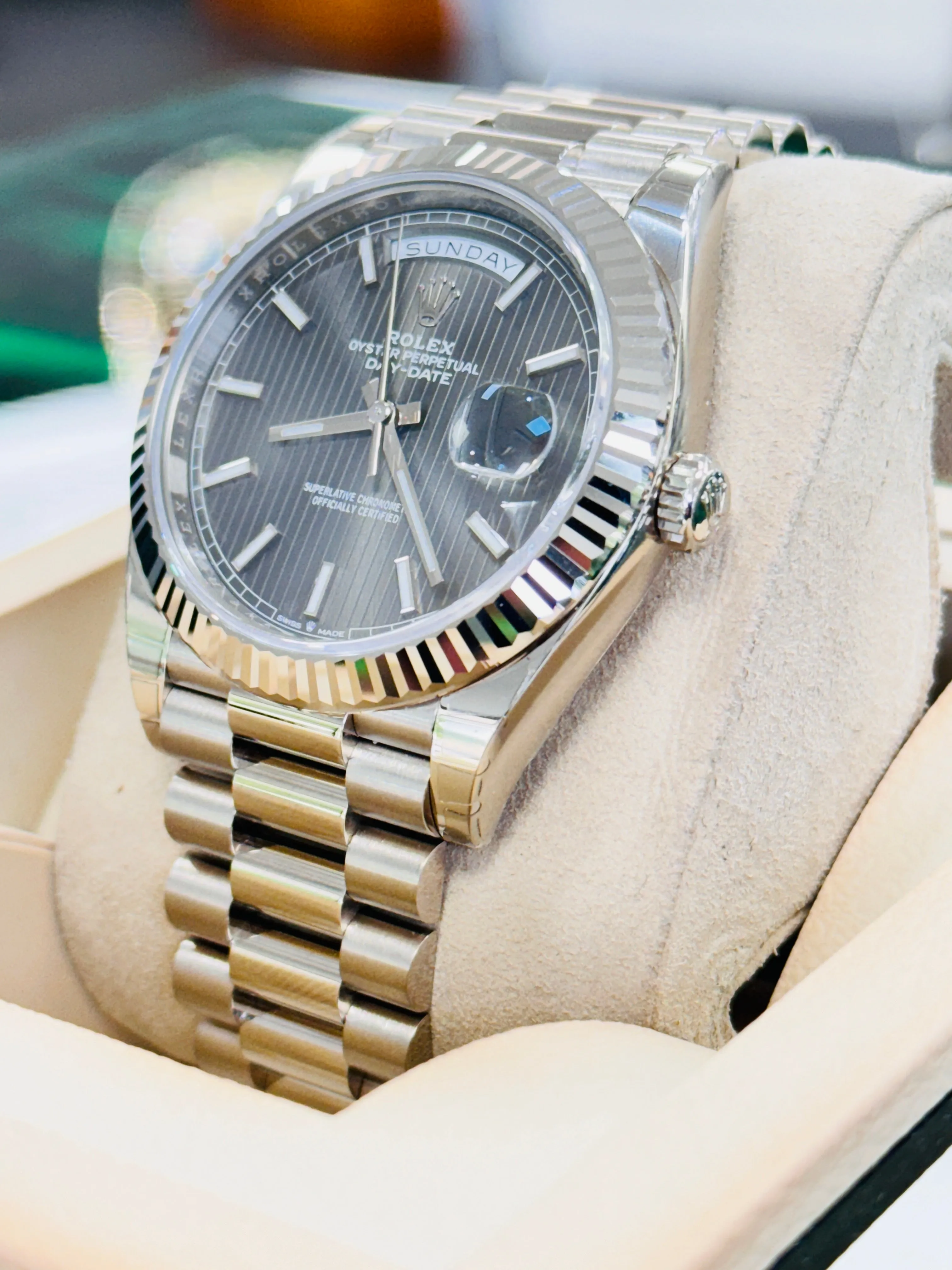   x Day-Date 40 228239 White Gold Dark Rhodium Stripe Motif Dial Box and Papers UNWORN FULLY STICKRED!