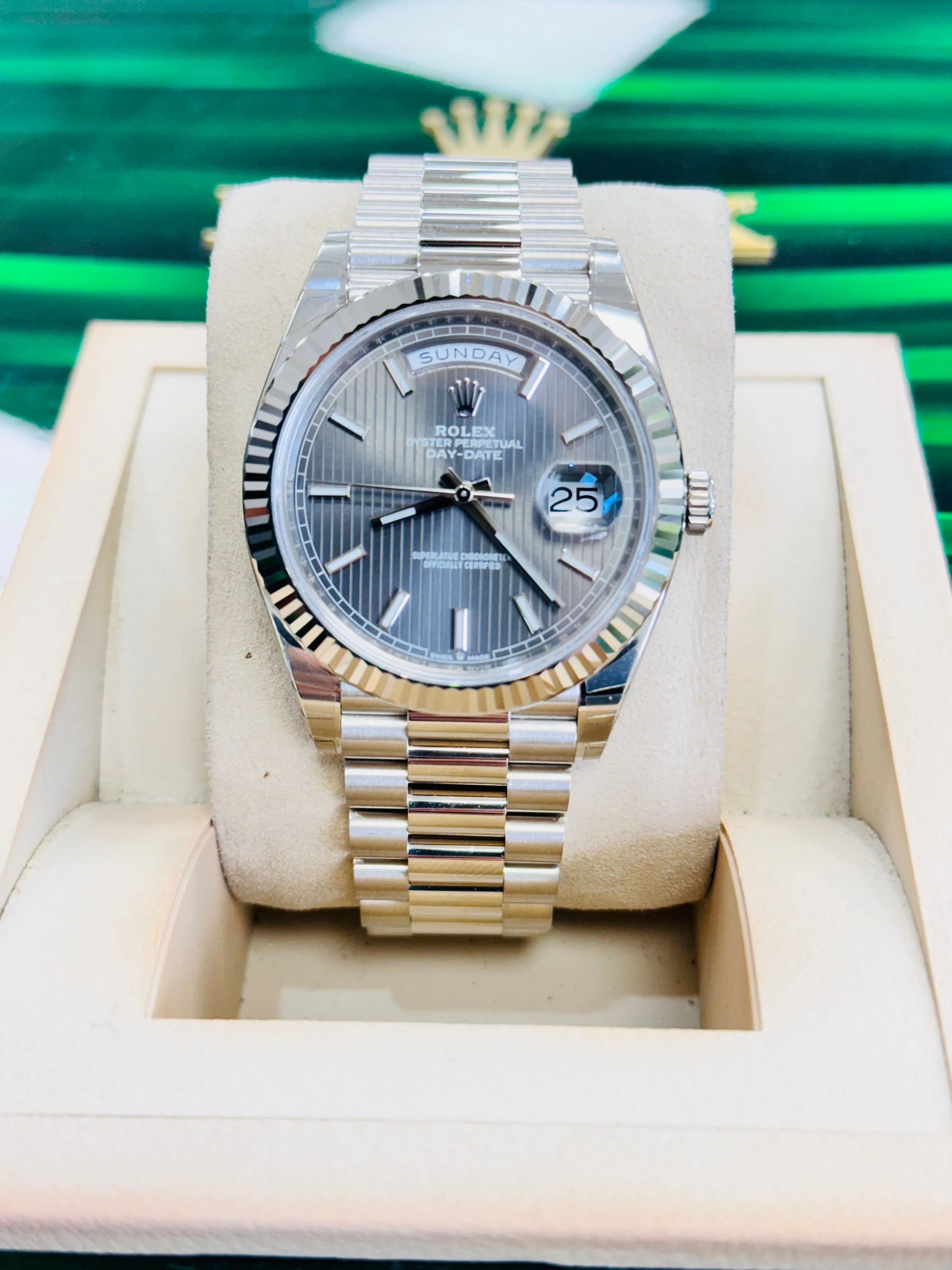   x Day-Date 40 228239 White Gold Dark Rhodium Stripe Motif Dial Box and Papers UNWORN FULLY STICKRED!