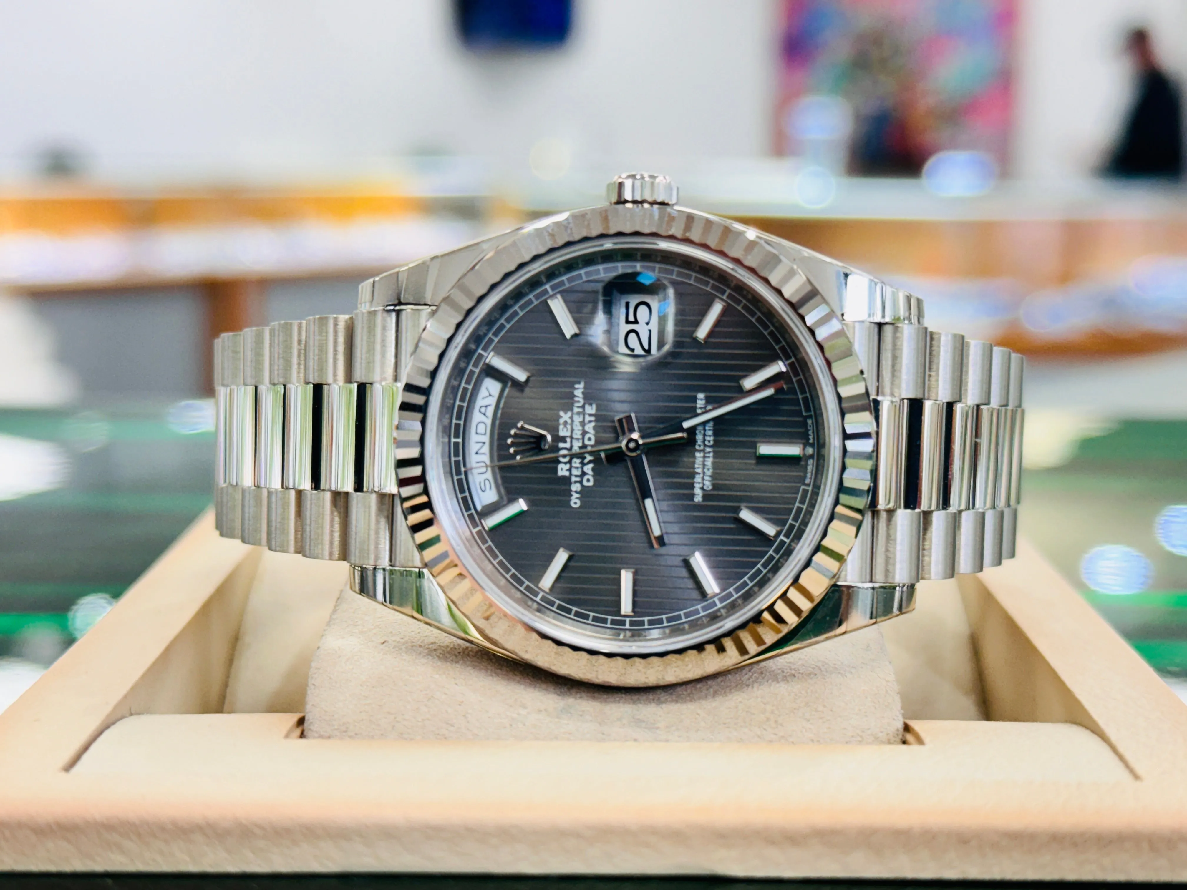   x Day-Date 40 228239 White Gold Dark Rhodium Stripe Motif Dial Box and Papers UNWORN FULLY STICKRED!