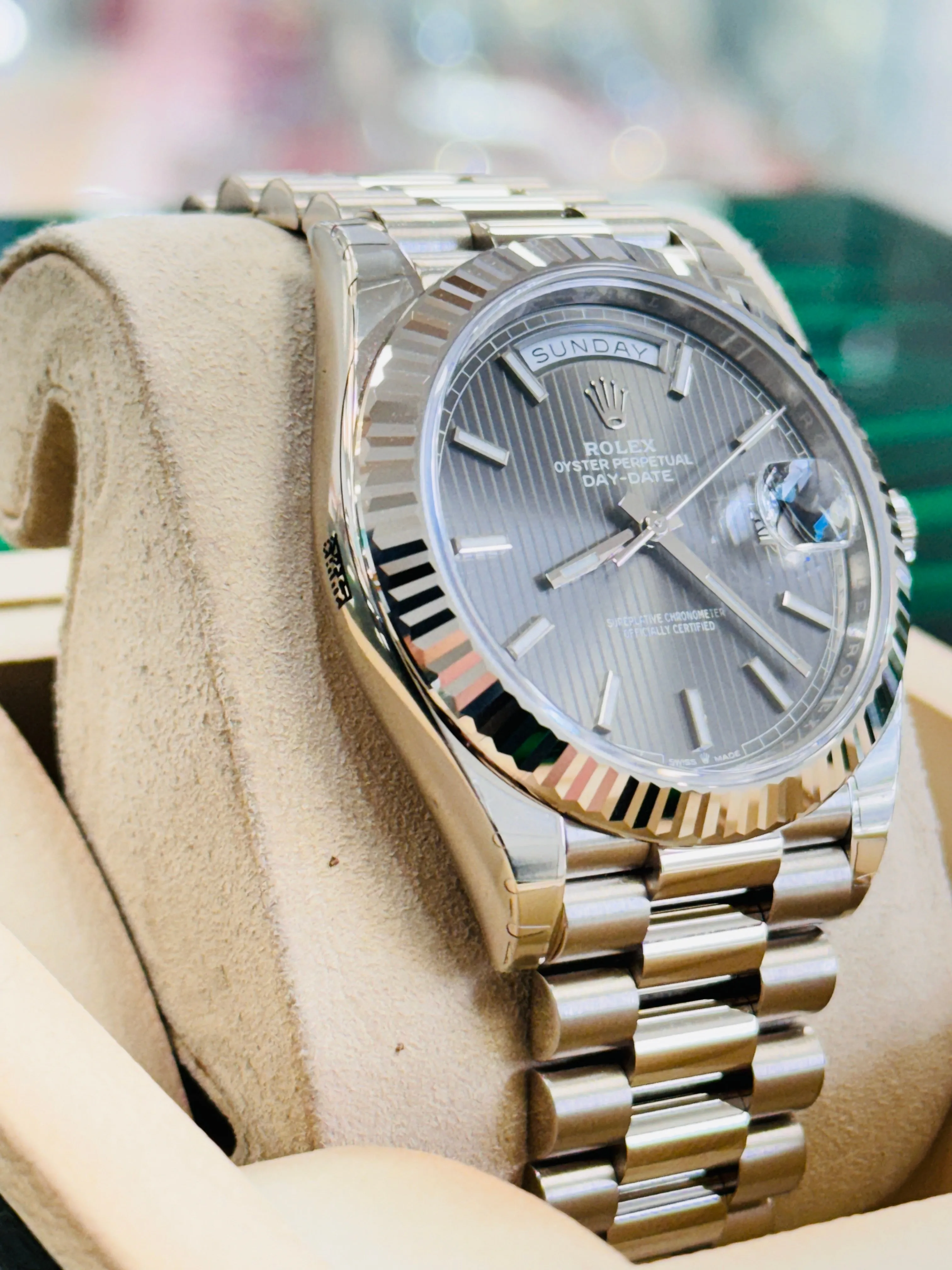   x Day-Date 40 228239 White Gold Dark Rhodium Stripe Motif Dial Box and Papers UNWORN FULLY STICKRED!