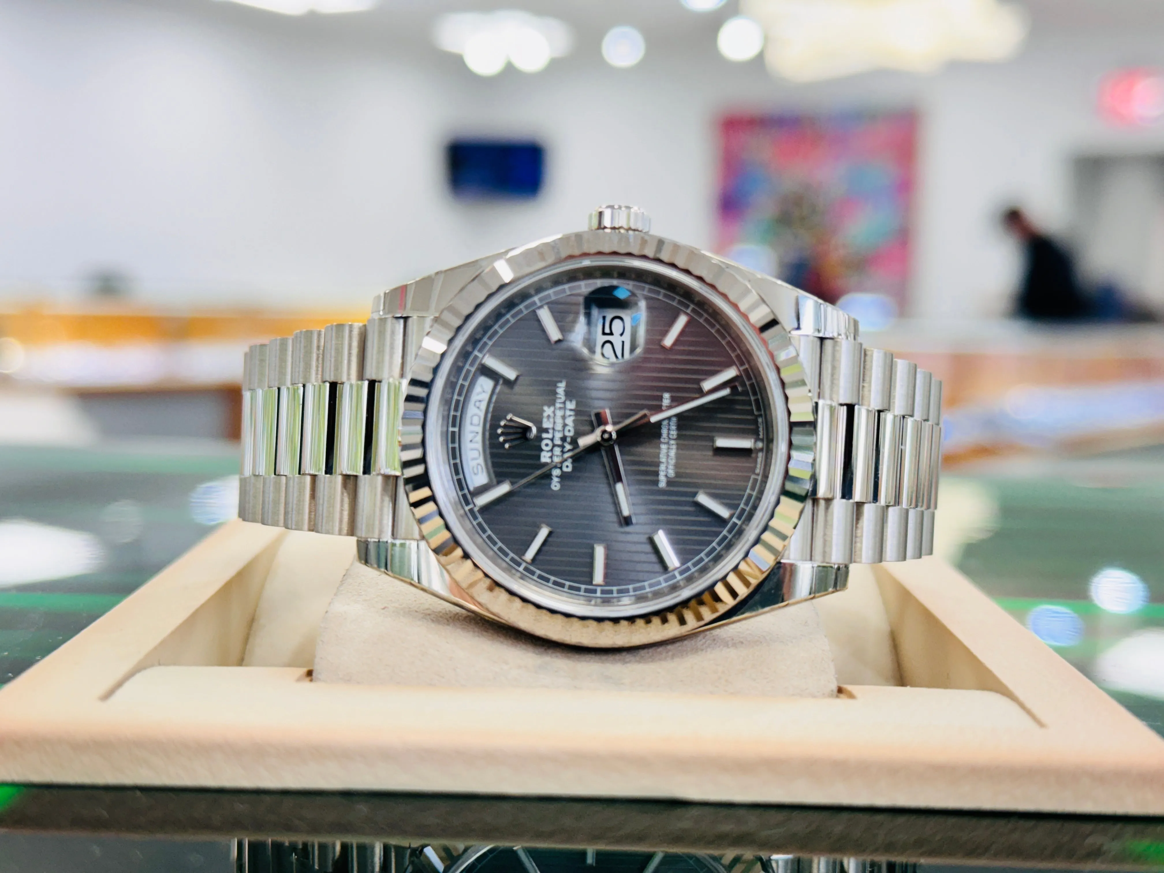   x Day-Date 40 228239 White Gold Dark Rhodium Stripe Motif Dial Box and Papers UNWORN FULLY STICKRED!