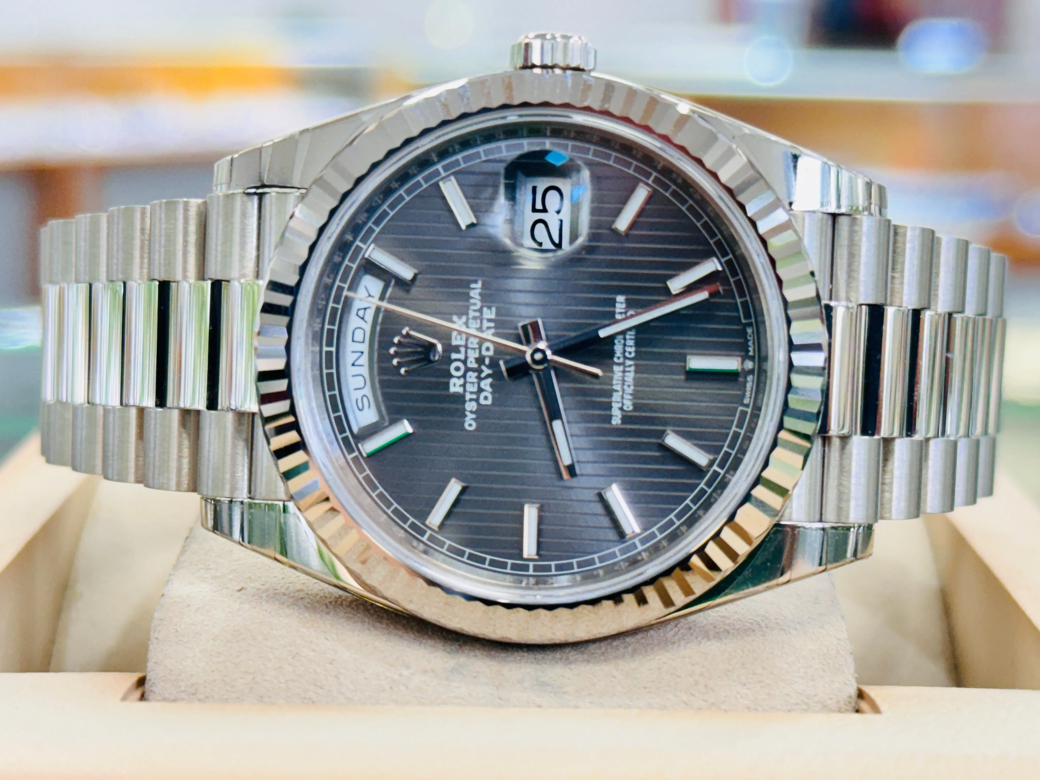   x Day-Date 40 228239 White Gold Dark Rhodium Stripe Motif Dial Box and Papers UNWORN FULLY STICKRED!