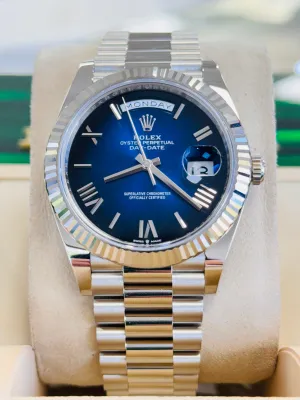  x Day-Date 40 228239 White Gold Fluted Bezel Blue Ombre Dial President Bracelet  Unworn Box and Papers   x day?date watch day date waterproof watch