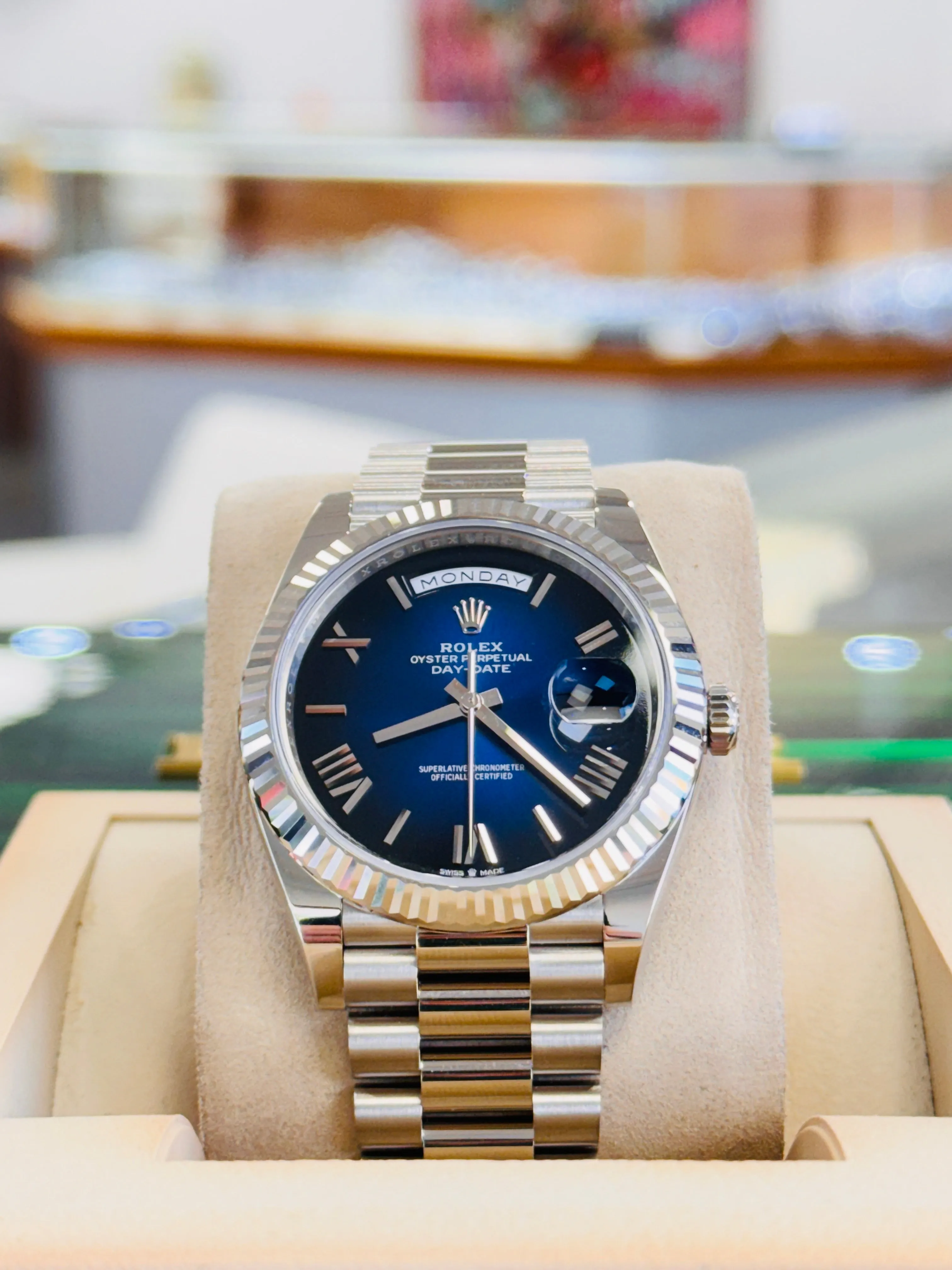   x Day-Date 40 228239 White Gold Fluted Bezel Blue Ombre Dial President Bracelet  Unworn Box and Papers