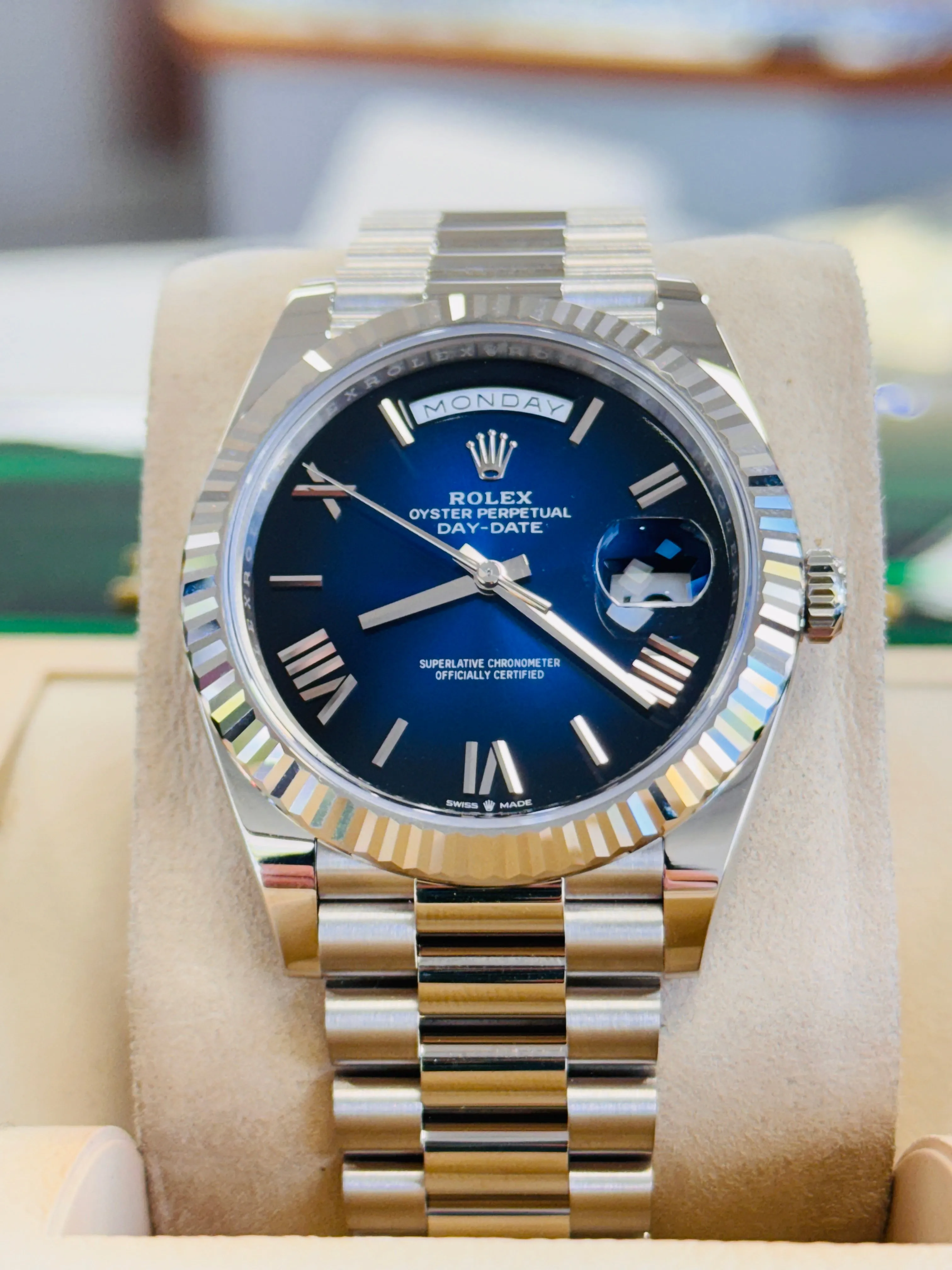   x Day-Date 40 228239 White Gold Fluted Bezel Blue Ombre Dial President Bracelet  Unworn Box and Papers