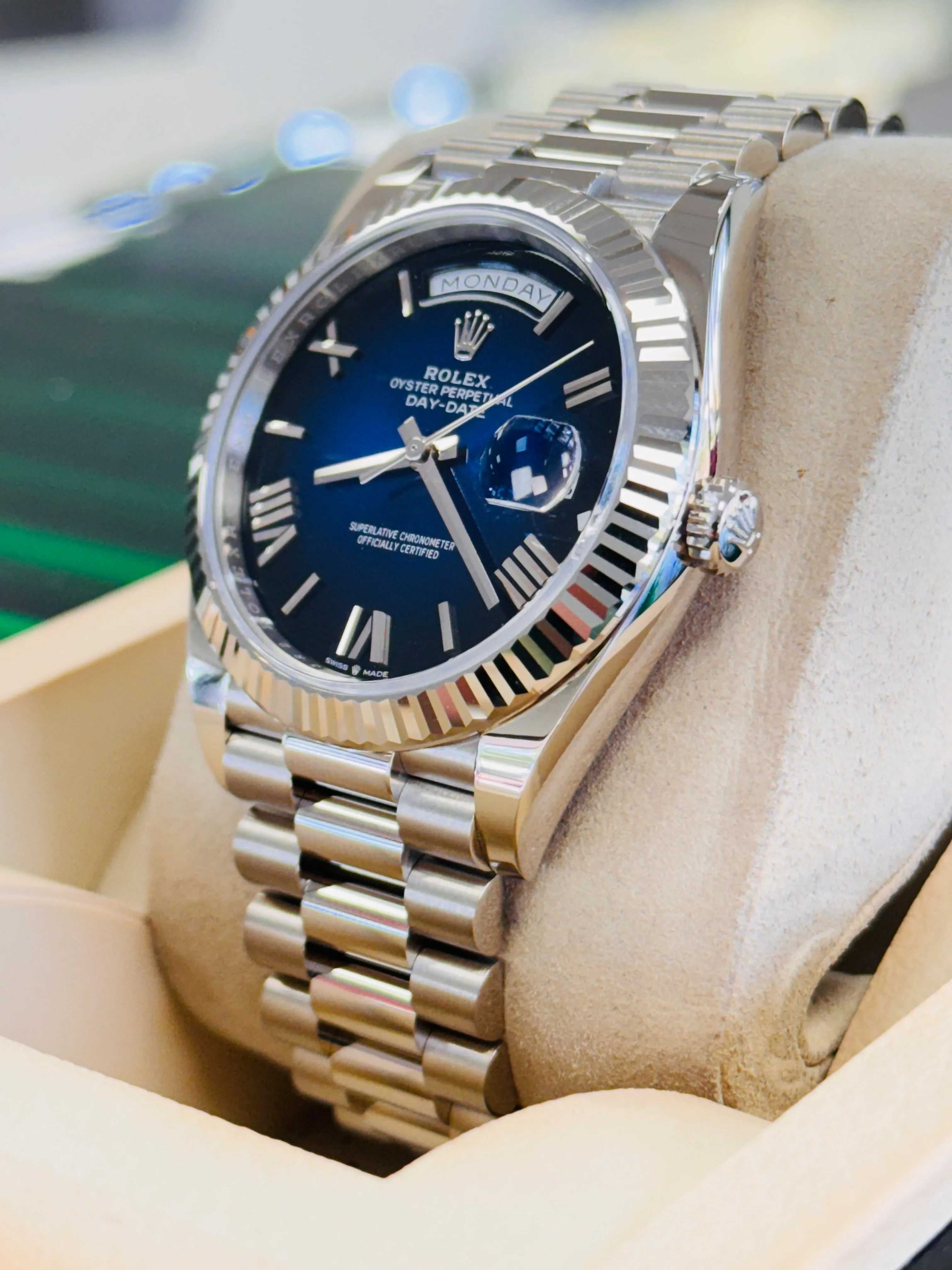   x Day-Date 40 228239 White Gold Fluted Bezel Blue Ombre Dial President Bracelet  Unworn Box and Papers