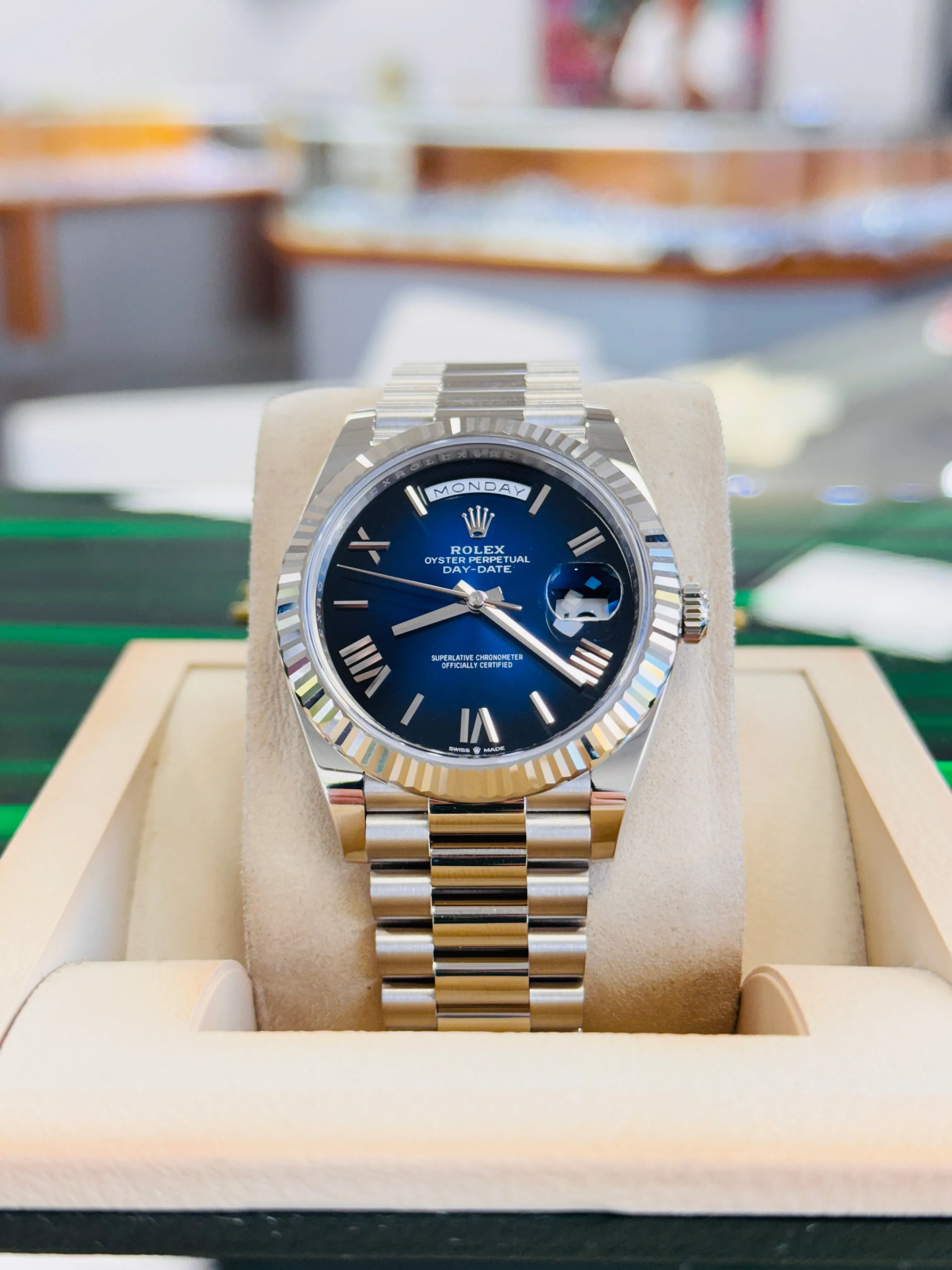   x Day-Date 40 228239 White Gold Fluted Bezel Blue Ombre Dial President Bracelet  Unworn Box and Papers
